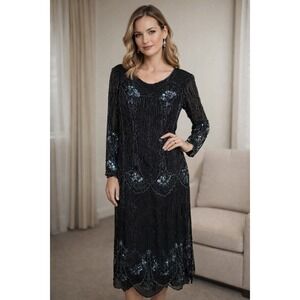 Vintage 80s Black Beaded Sequin‎ Flapper Dress Sz M Art Deco Evening Gown Silk